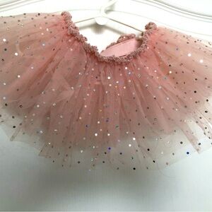 Pink layered tulle, elastic waist ballet tutu w/ silver polka dots